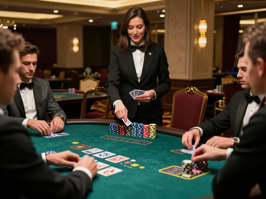 O8 blackjack players strategizing at a luxury casino table under warm lighting ambiance.