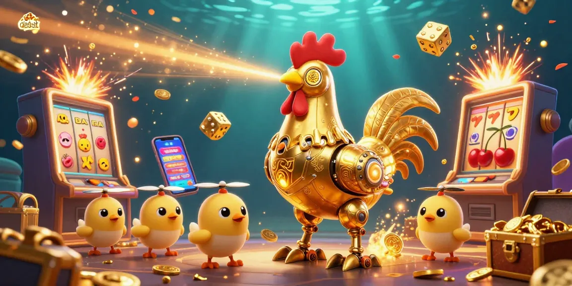 Experience winning with debet as a golden rooster robot and chick drones create casino magic amidst jackpot explosions.