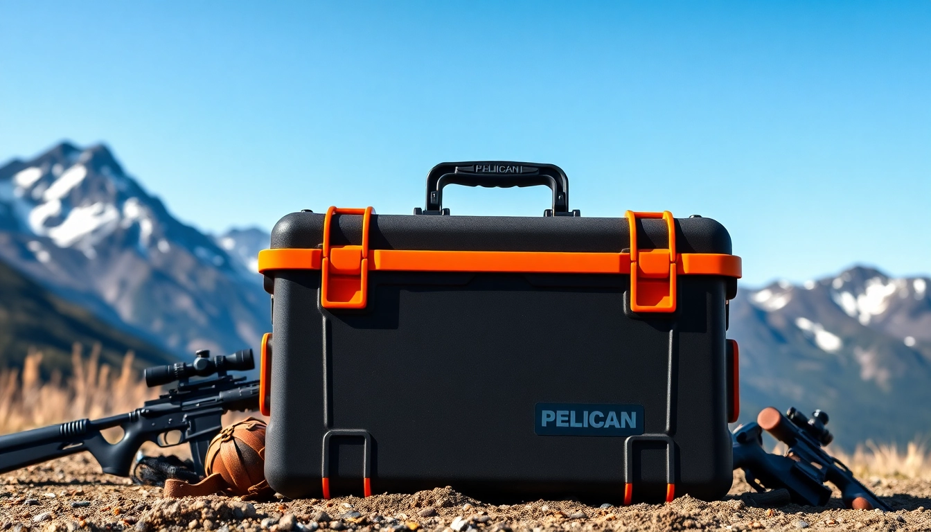 Showcasing a pelican gun case for sale in a rugged outdoor setting, emphasizing durability and design.