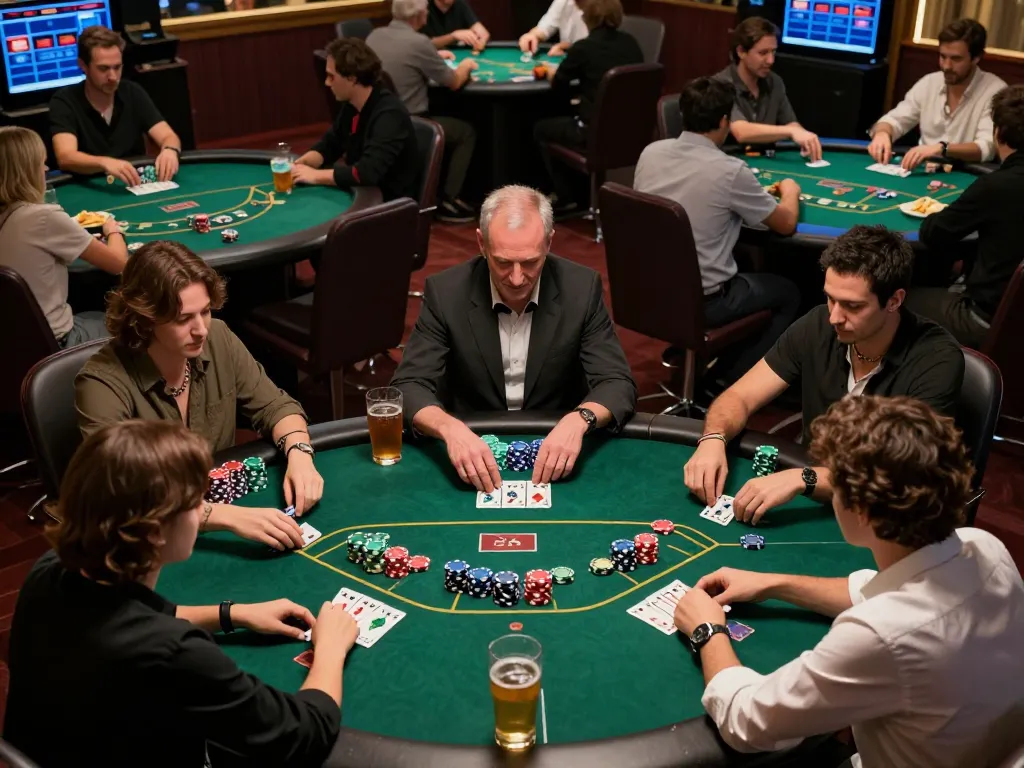 O8 players engaging in a high-stakes poker game, showcasing strategy and excitement.