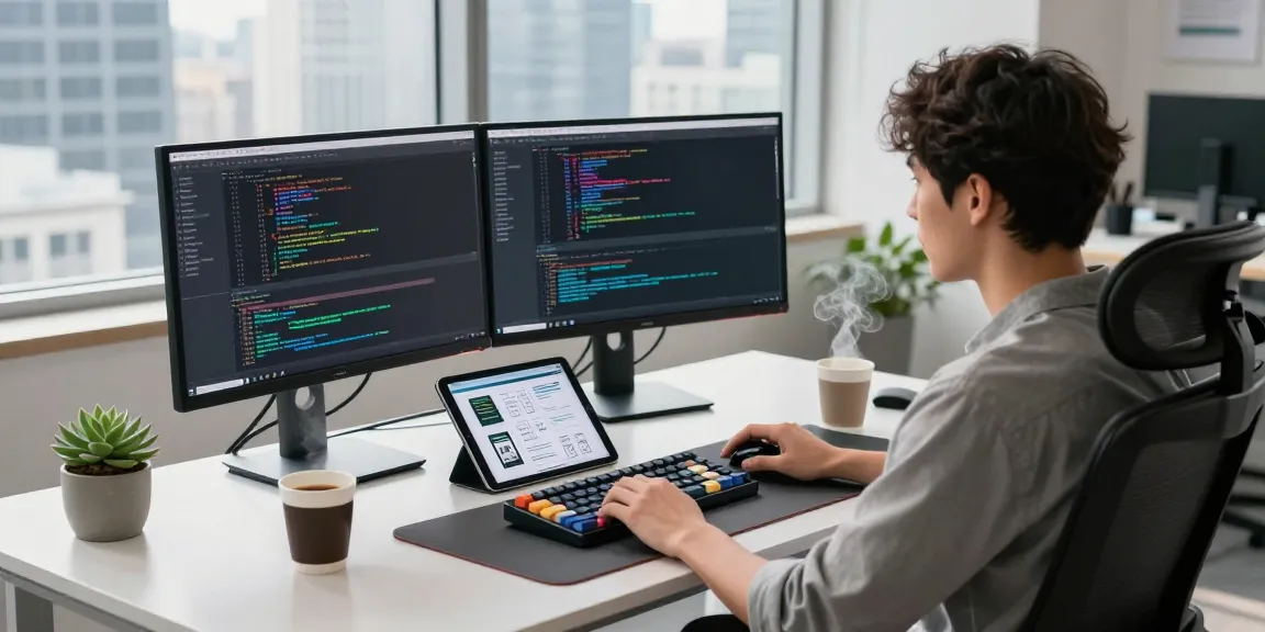NAGA2000 software developer engrossed in coding at modern workspace with dual monitors and coffee.
