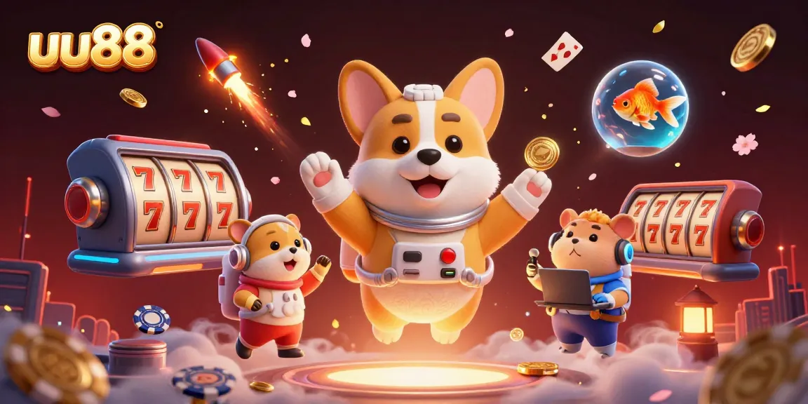uu88 spins slot reels with a vibrant corgi, hamster, and goldfish in a floating casino scene