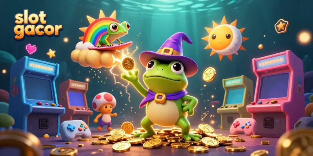 Experience the excitement of slot gacor with a vibrant 3D illustration of golden coins and lively characters.