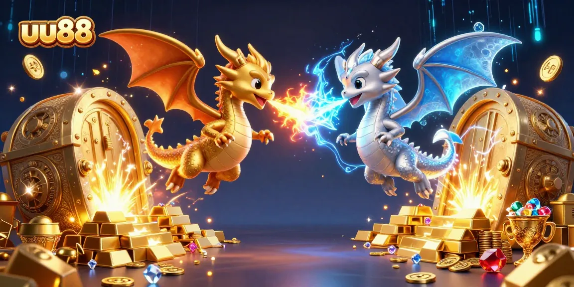 Experience exhilarating gaming action with uu88, featuring fire and ice dragons in a treasure-filled scene.