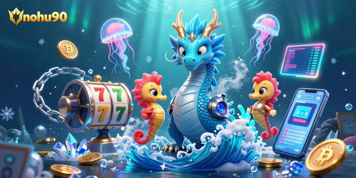 Engage in exciting slot games with nohu90, featuring a vibrant underwater fantasy world of characters and crypto symbols.