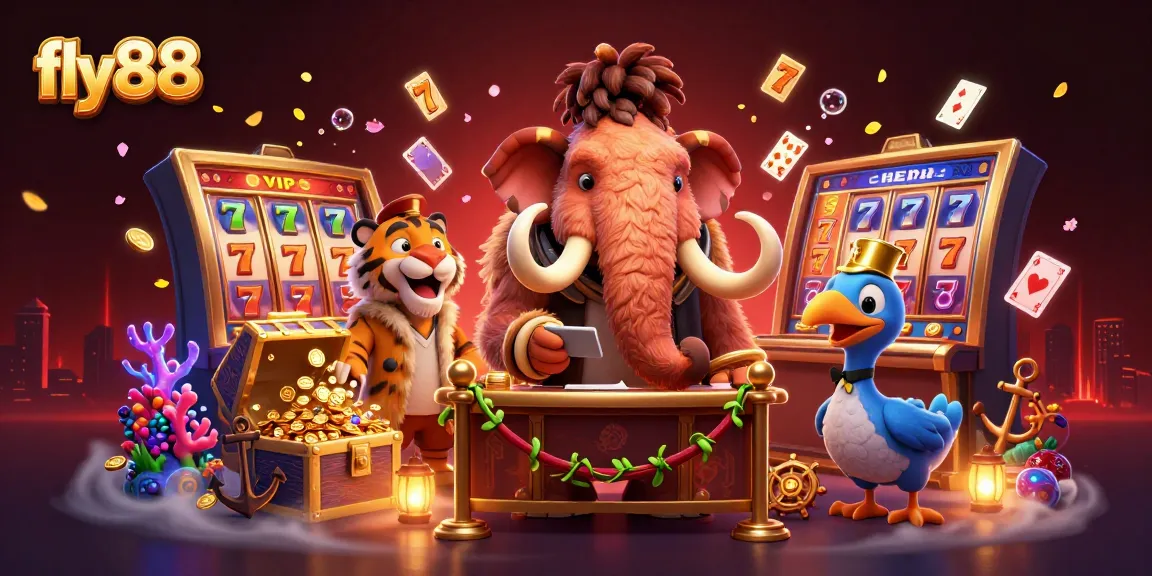 fly88 showcases a vibrant casino scene with characters and slot games, capturing excitement and gaming fun.