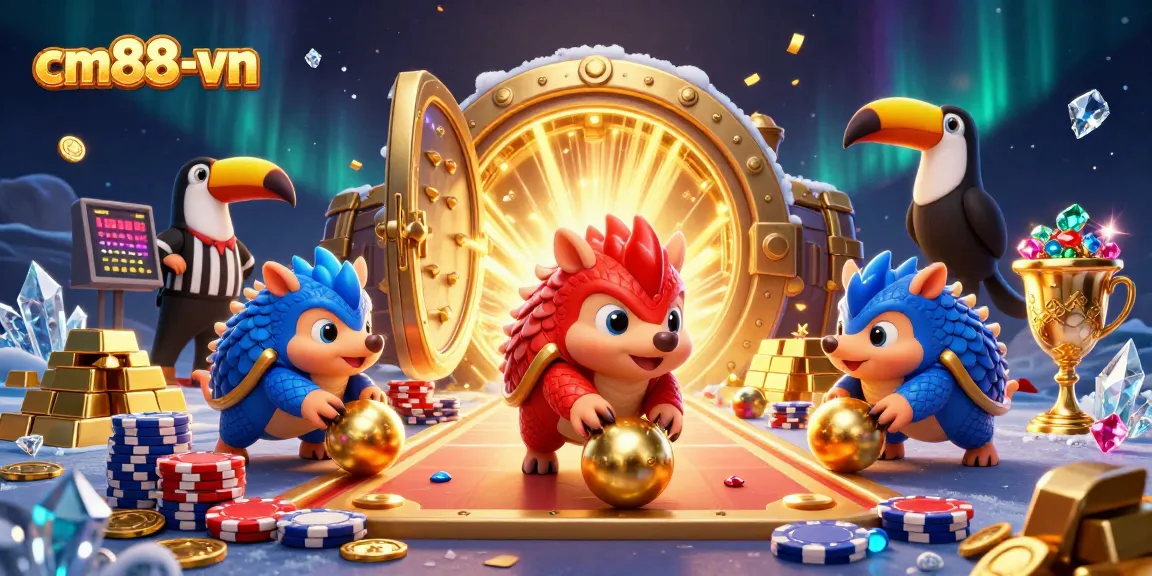 Experience thrilling gameplay with cm88-vn's pangolins competing through poker chips in a vibrant casino scene.