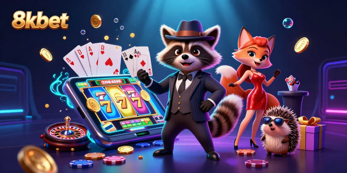 Experience the thrill of 8xbet with a dynamic casino scene featuring a stylish raccoon, fox, and hedgehog among slot reels.