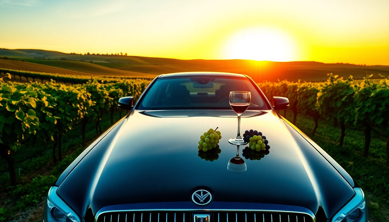 Experience wine tour limo packages with a luxurious vehicle in a picturesque vineyard setting.