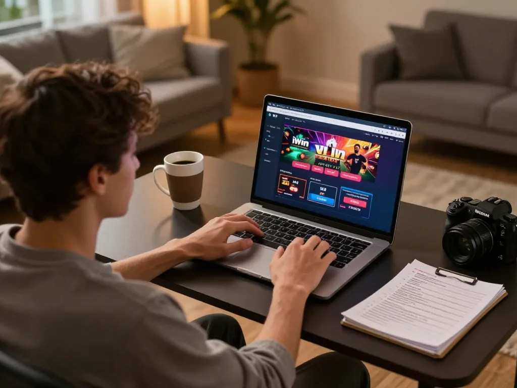 Player enjoying a strategic session at iWin online casino with laptop and notes.