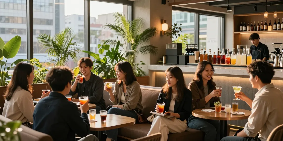 강남쩜오 멀리건에서 친구들과 즐거운 시간을 보내는 모습, 세련된 인테리어와 아늑한 분위기 표현