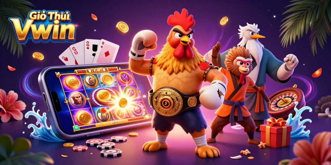 Experience Giới Thiệu VWIN through vibrant, dynamic 3D digital illustration depicting gaming excitement.