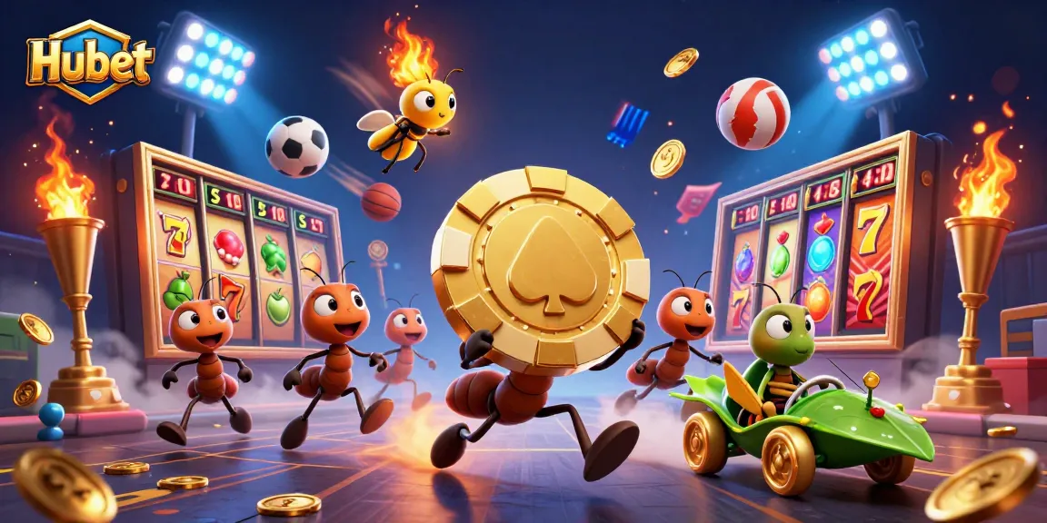 Hubet ants heist scene featuring golden poker chip, vibrant gambling elements, and dynamic action.