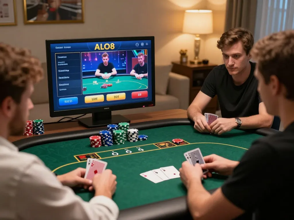 Engaged player enjoying live poker on ALO8 online platform, showcasing thrilling gameplay.