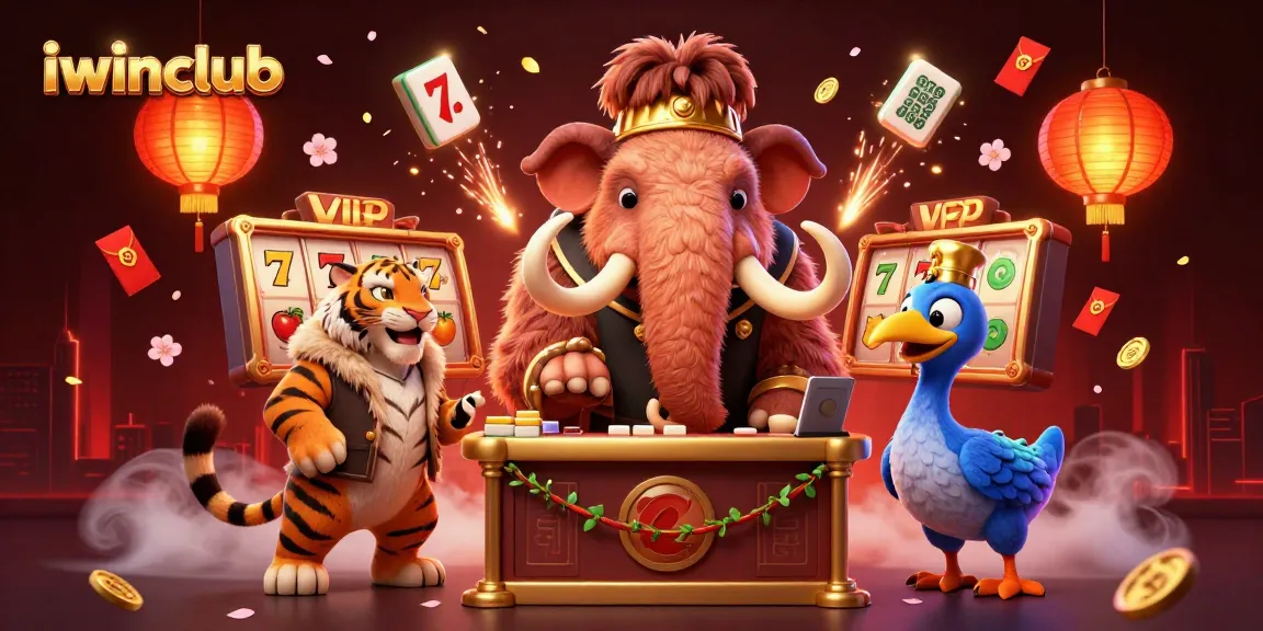 Experience thrilling gaming at iwinclub with cartoon casino characters, slot reels, and festive elements.