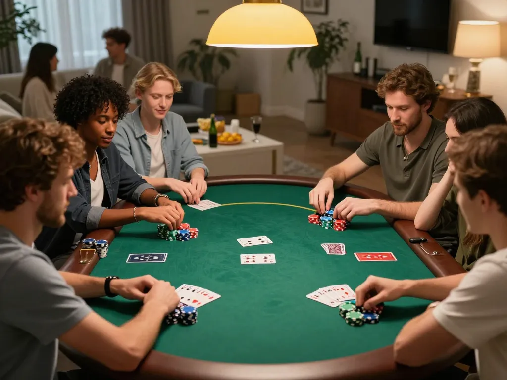 Players enjoying a thrilling poker game at home while using alo8 for strategic betting.
