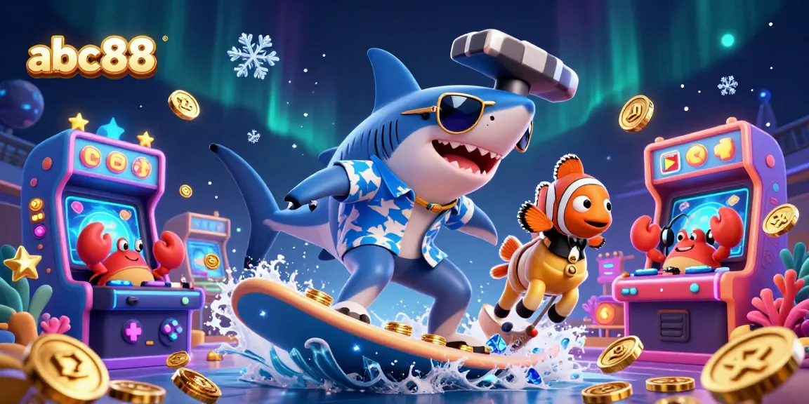 Engage with abc88's thrilling casino experience featuring a surfing shark, seahorse, and coral DJ.