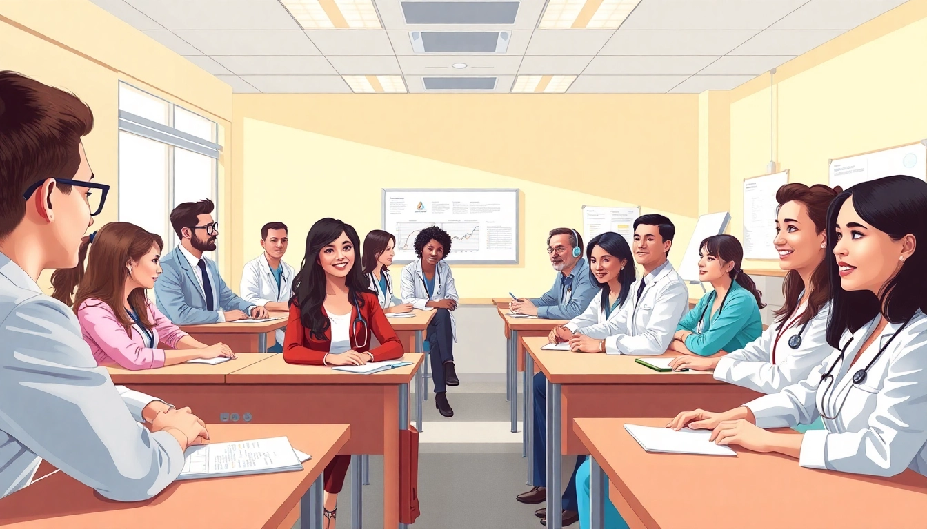 Engaging scene of healthcare education nonprofit discussions among diverse educators and students.