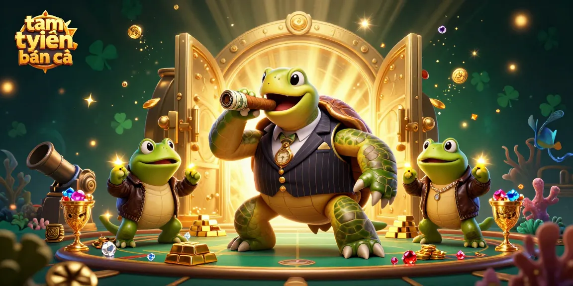 Experience the excitement in tam tiên bắn cá with a vibrant 3D cartoon scene featuring a turtle mobster and underwater elements.