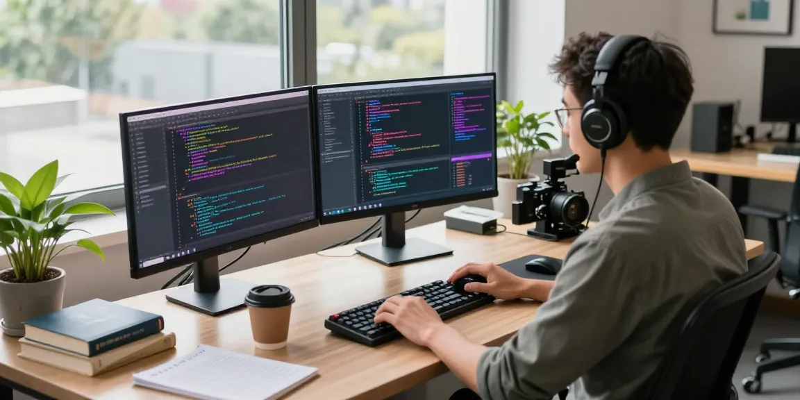 Innovative tech workspace featuring a developer coding with 纸飞机中文版 application interface, dual monitors, and dynamic atmosphere.