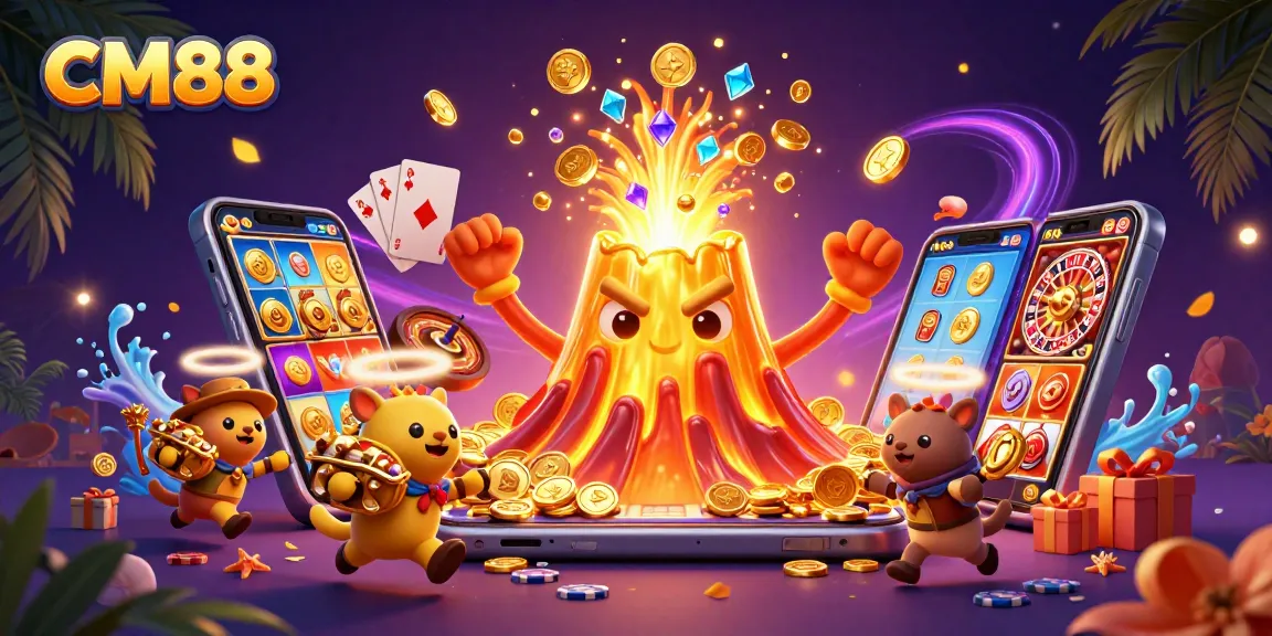 Experience the excitement of CM88 with a 3D illustration of a golden volcano erupting treasures in a vibrant casino setting.