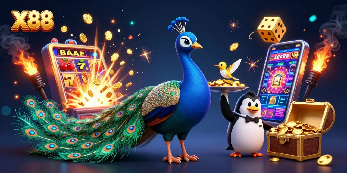 X88 slots experience with vibrant characters and colorful casino elements, showcasing excitement and winnings.