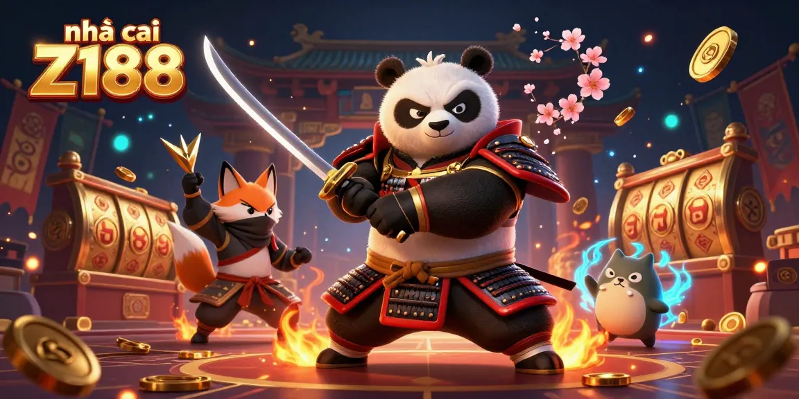 Experience the thrill at nhà cái Z188 with captivating 3D casino action showcasing a samurai panda, ninja fox, and magical tanuki.