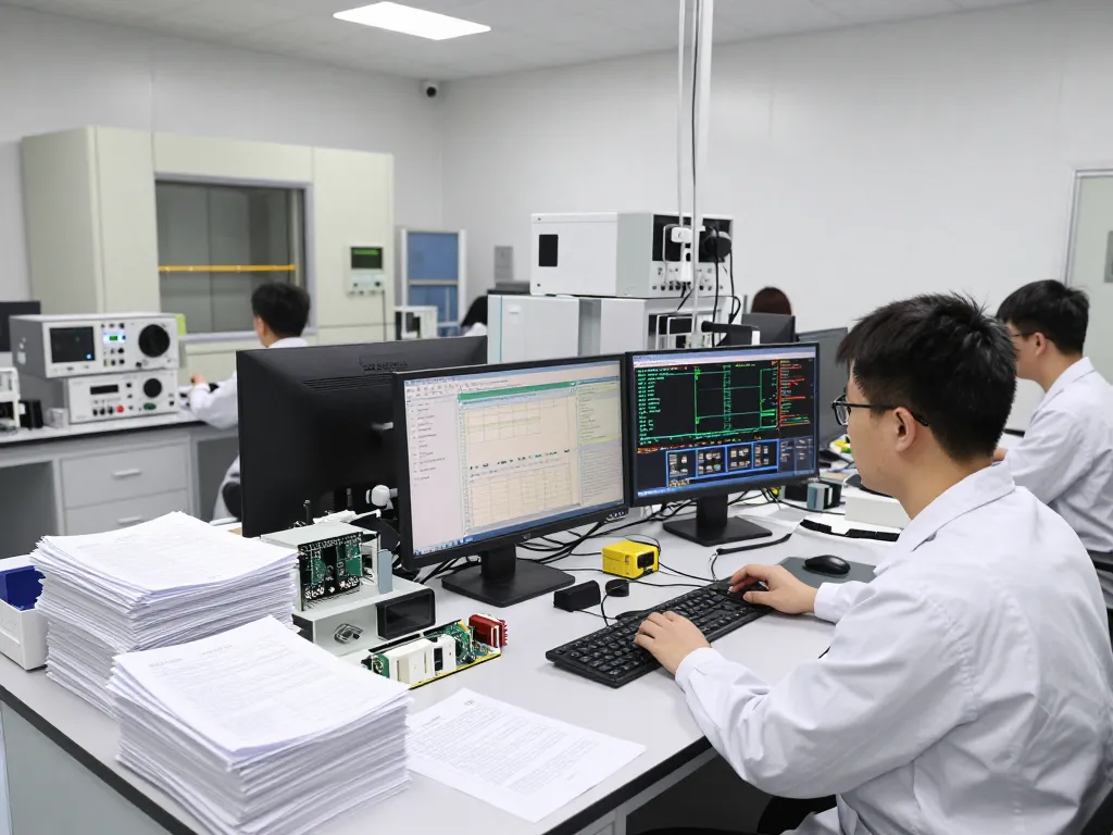 Engineers conducting RF testing for FCC compliance in a state-of-the-art laboratory.