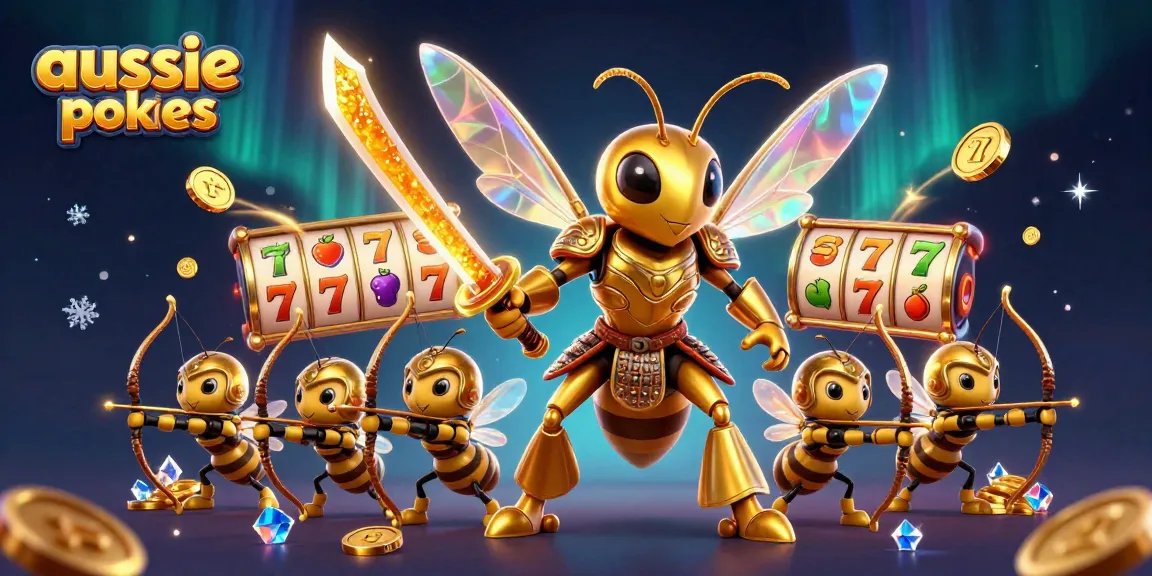 Aussie online pokies feature a captivating 3D scene with a golden hornet and dynamic slot elements.