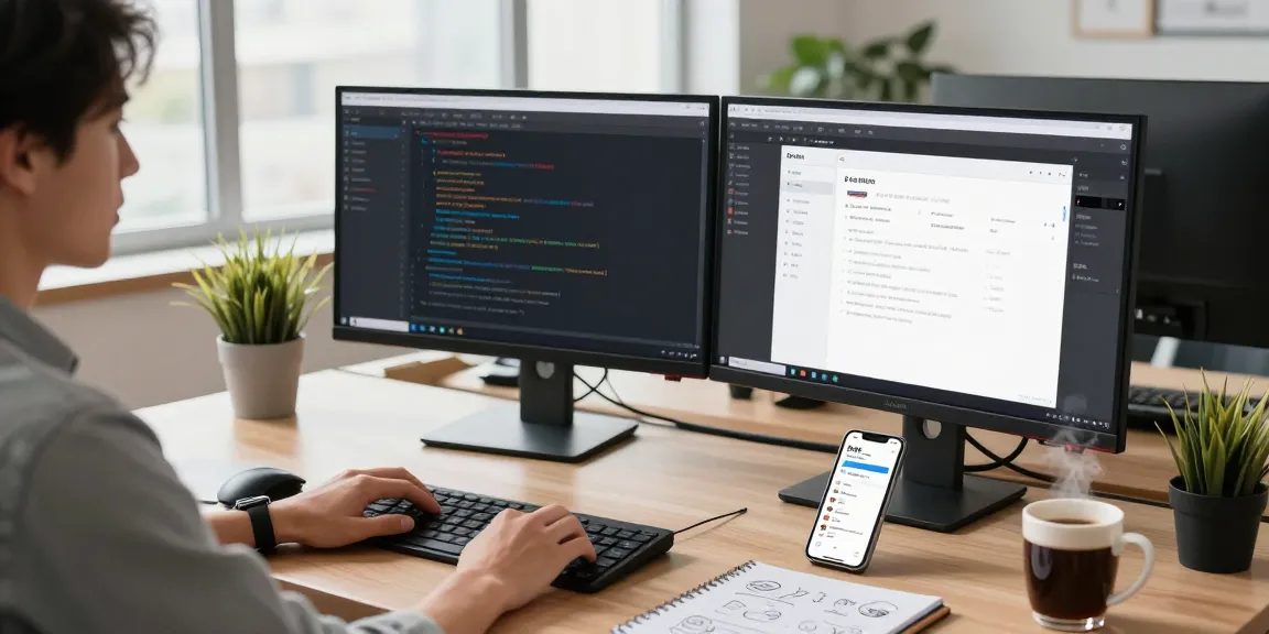 Developer immersed in 纸飞机中文版 project, working at a high-tech office desk with monitors and coffee.