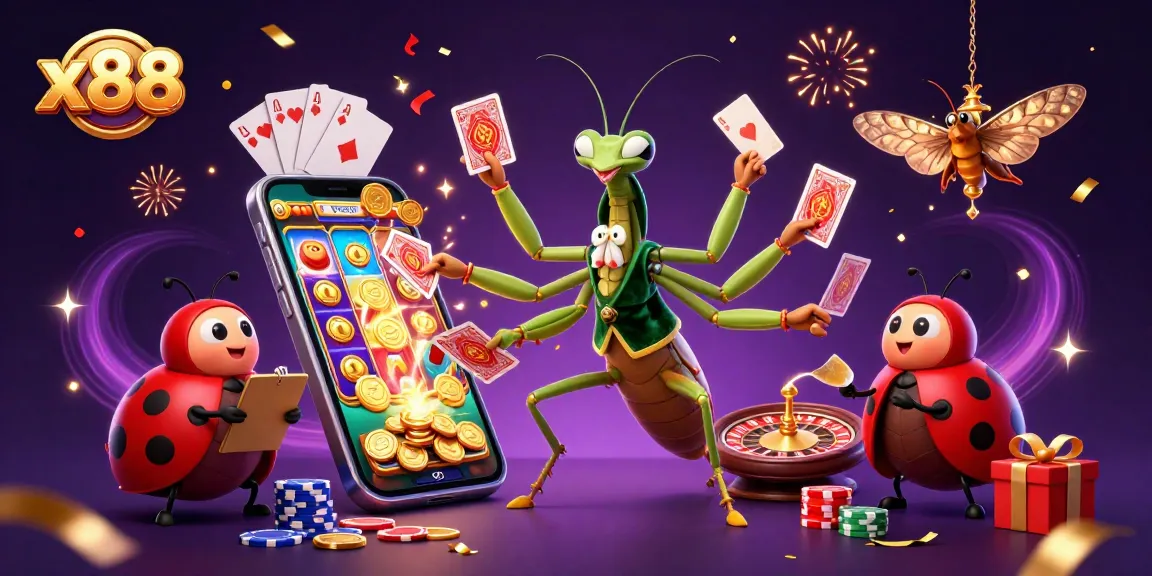 x88 players engaging in vibrant casino action surrounded by colorful slot games and festive decorations.