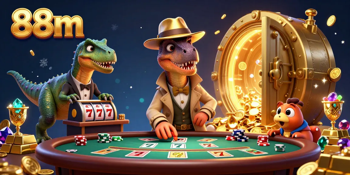 Experience thrilling blackjack action with 88m's cartoon velociraptor card counter and gold treasures.