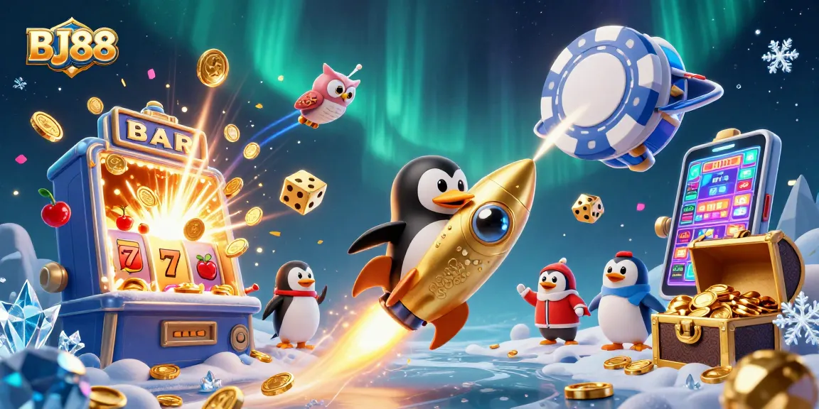 Experience winning thrills at BJ88 with an exhilarating rocket-powered penguin in a vibrant casino universe.