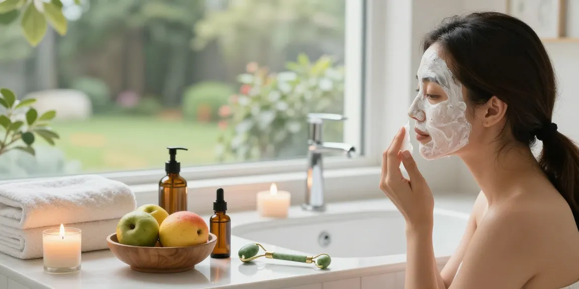 A woman enjoys a luxurious face mask pack in a tranquil bathroom with natural light and soothing decor.