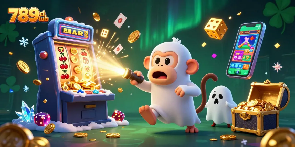 Engage with 789club as a mischievous poltergeist monkey juggles coins and chips in a haunted casino setting.