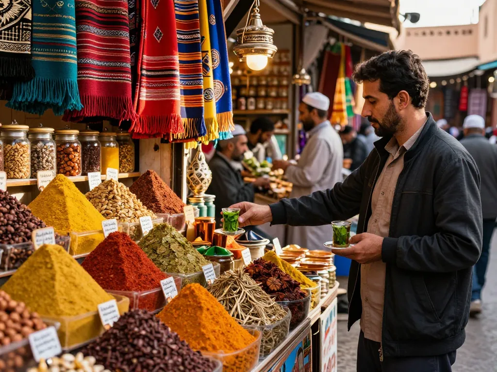 Engaging scene featuring a traveler in a lively Medina market, showcasing the vibrant offerings of a morocco travel company.