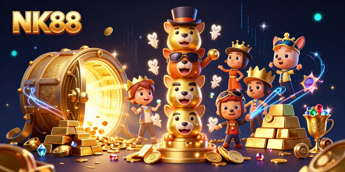 Experience excitement with NK88's vibrant casino scene featuring animated totem and treasure.