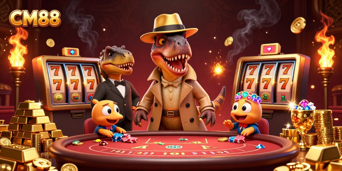 Join the adventure at CM88 with a velociraptor card counter sneaking at a blackjack table amidst gold and jewels.