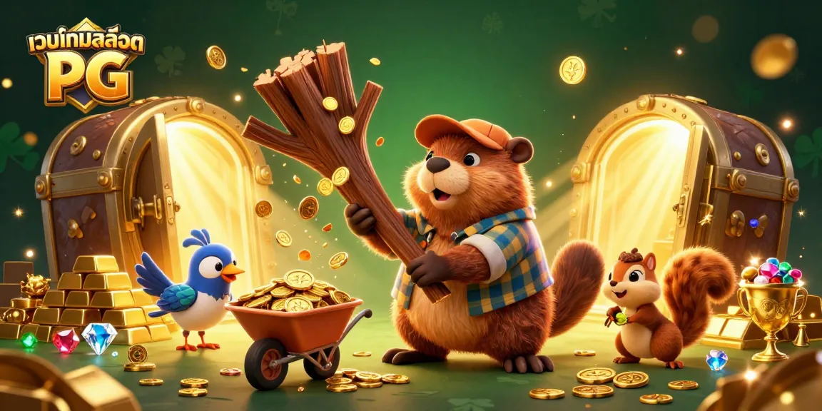 เล่นเกมสล็อต PG เพื่อสะสมเหรียญทองในภาพประกอบ 3D แสดงการทำงานร่วมกันของตัวละครน่ารัก