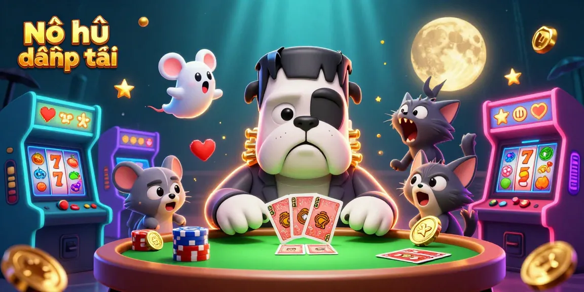 Nổ hũ đại phát tài showcases a 3D Frankenstein bulldog dealing cards at a spooky table, bringing excitement to players.