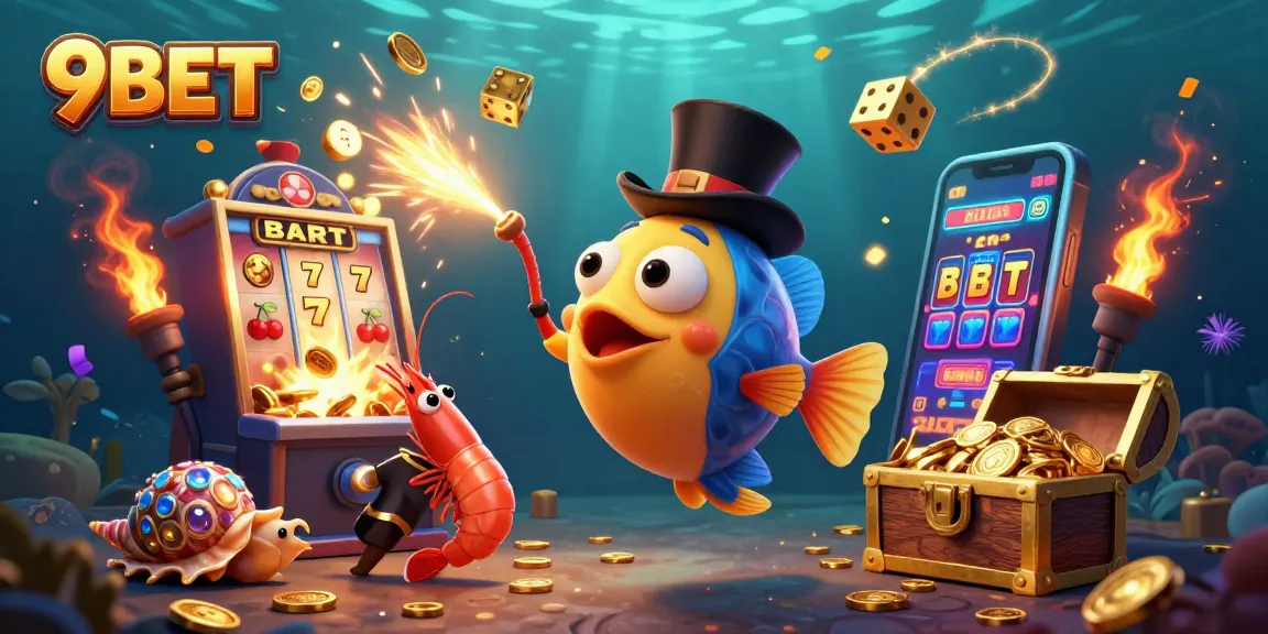 Engage with exciting 9BET slot games and treasure-filled adventures in this vibrant casino illustration
