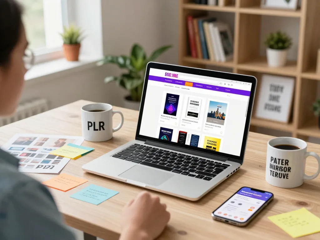 Explore PLR Digital Products for Sale in a vibrant e-commerce workspace, showcasing entrepreneur customization and engaging digital offerings.