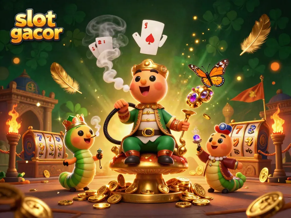 Menang di slot gacor dengan simbol poker dan koin emas dalam ilustrasi 3D yang memukau.