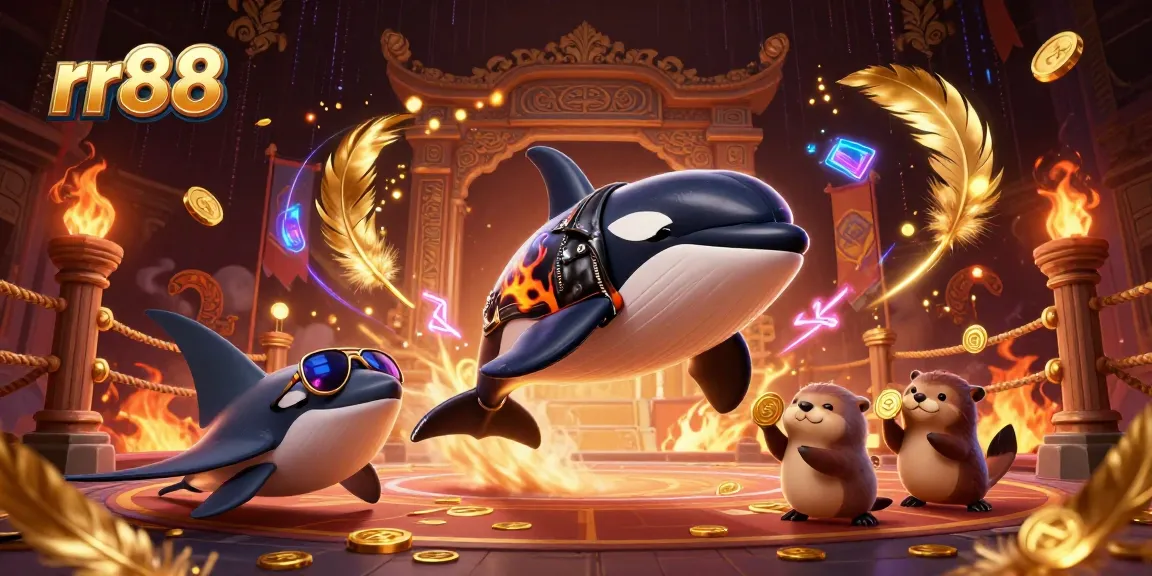 rr88 features a vibrant 3D casino illustration with lucky characters and winning coins.
