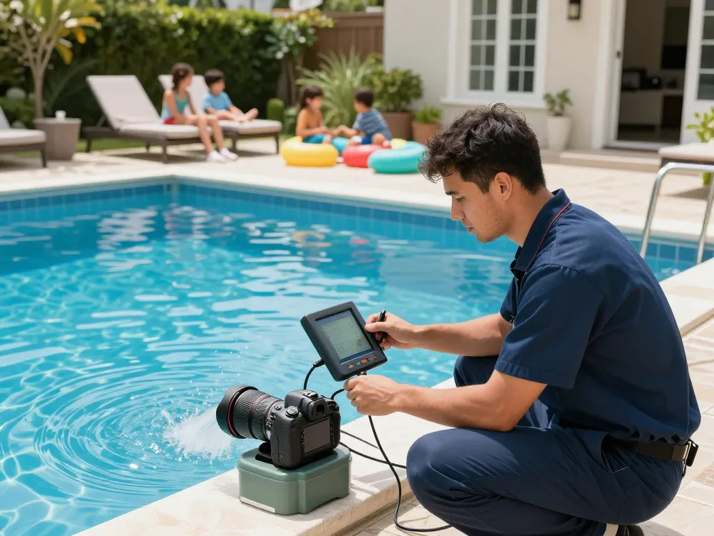 Dolphin Pool Services technician performing maintenance on a residential pool, ensuring optimal water quality and equipment functionality.