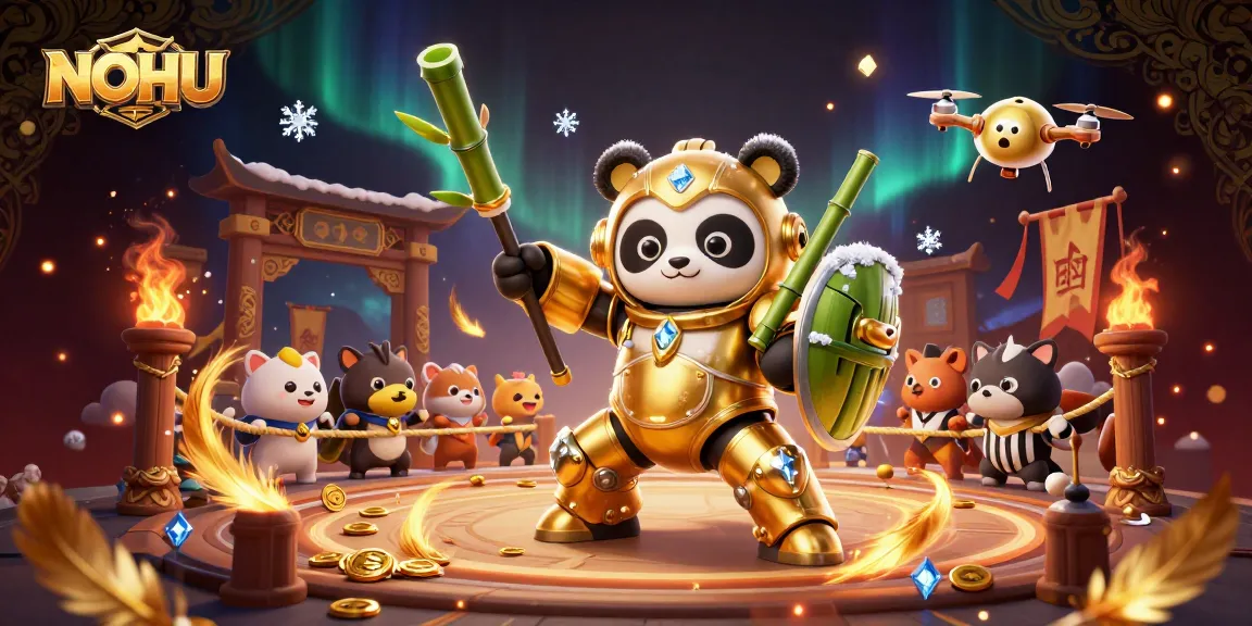 Experience NOHU's exciting gameplay with a 3D mech suit panda piloting a bamboo robot in a dynamic casino arena.