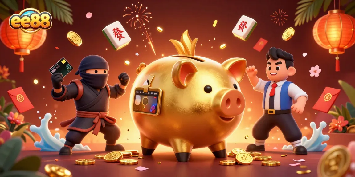 ee88 features a dynamic scene with a golden piggy bank sumo wrestler surrounded by vibrant gambling symbols and festive elements.