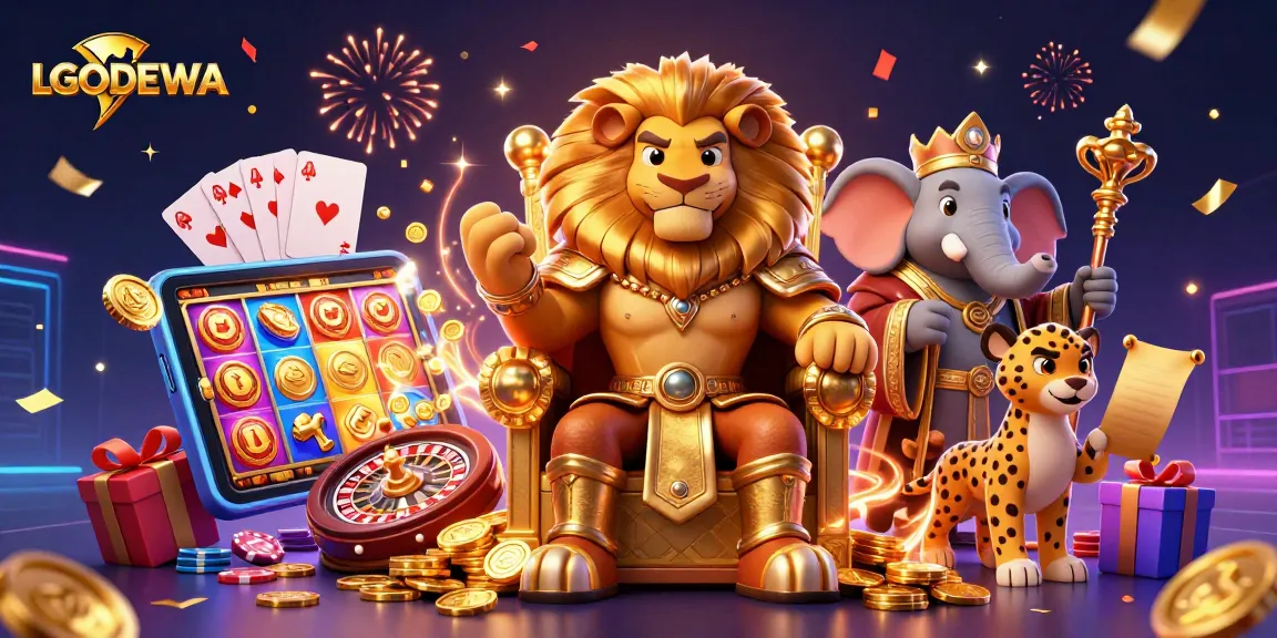 Bet big at LGODEWA with a vibrant 3D casino scene featuring a lion king, elephant advisor, and cheetah.