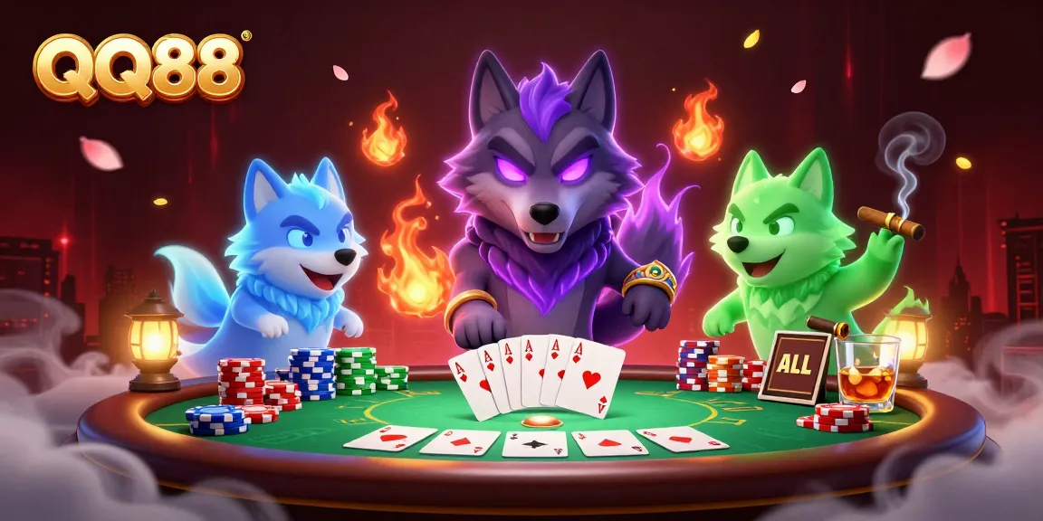 Bet on QQ88 with excitement, showcasing a vibrant poker scene packed with energy and intrigue.
