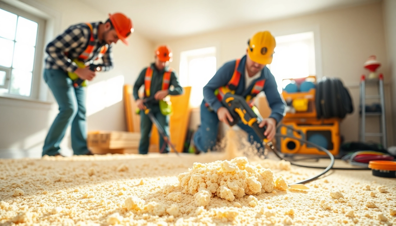 Spray foam removal contractors safely and efficiently removing foam insulation in a residential area.